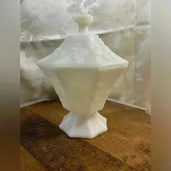 Vintage White Milk Glass Pedestal Covered Compote, Grape  and Leaf pattern - Picture 1 of 7
